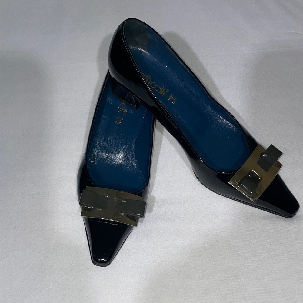 Roberto Botticelli Black Patent Leather Pumps with Gold Accent